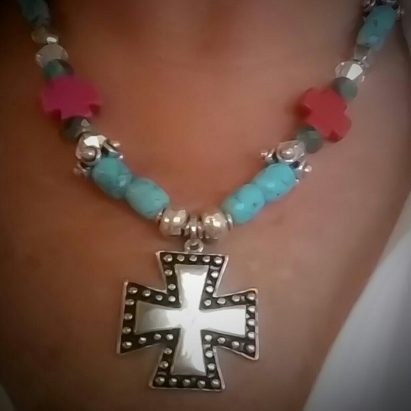 Turquoise & Cross Bead Necklace w/ Cross Pendant