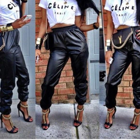 Black leather joggers