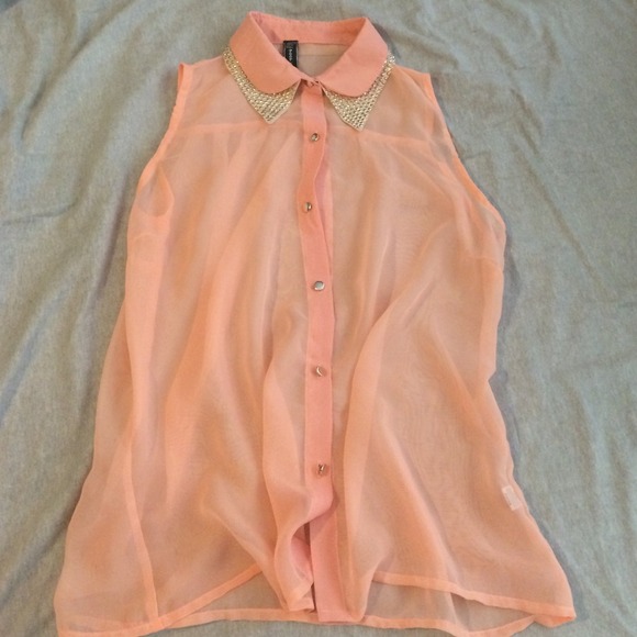 Sleeveless coral/pink sheer button up - Picture 1 of 3