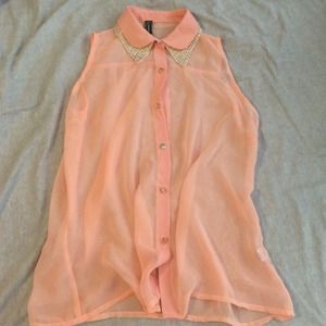 Sleeveless coral/pink sheer button up