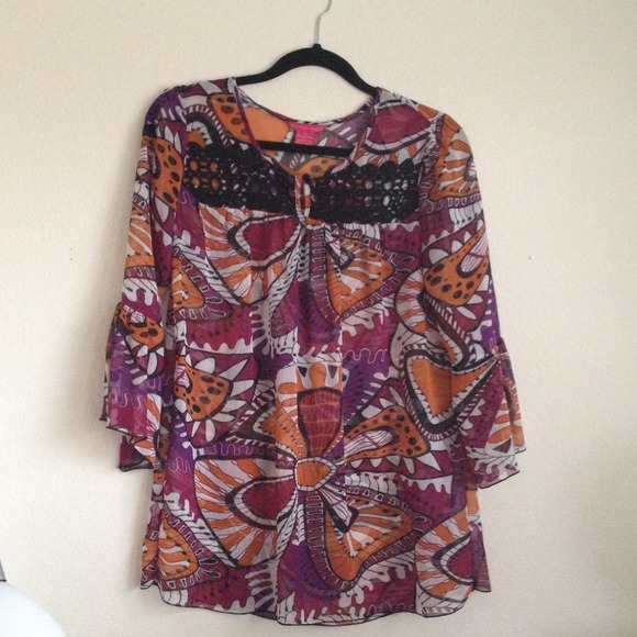 Hippie Boho Print Sheer Crochet Bib Blouse