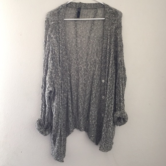 Debut Sweaters - black & white marled button cable cardigan sweater