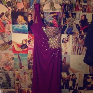 Long elegant purple prom dress with rhinestones