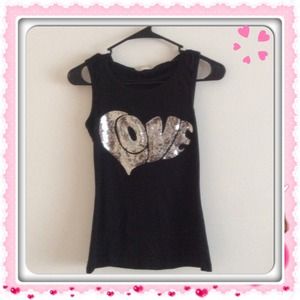 Black "Love" cotton hoodie top with sequins.