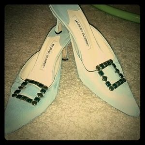 Light blue Manolo Blahnik horsehair slides
