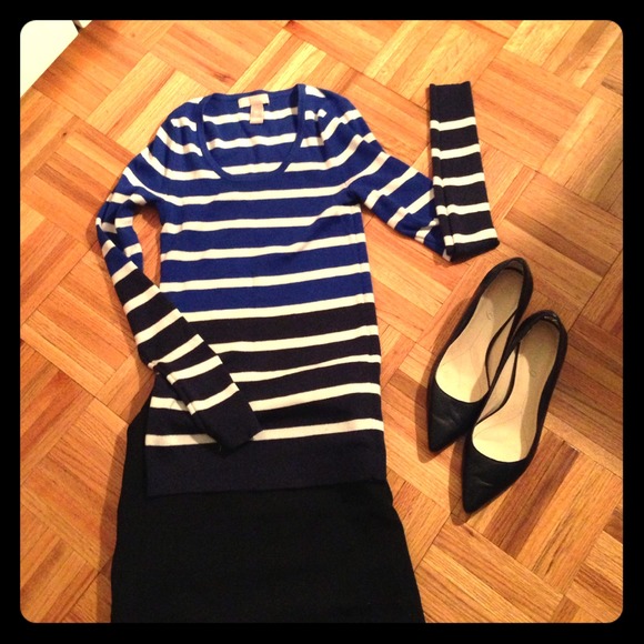 Royal blue, navy blue and white striped sweater