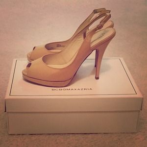 BCBGMAXAZRIA Nude Patent Pumps.