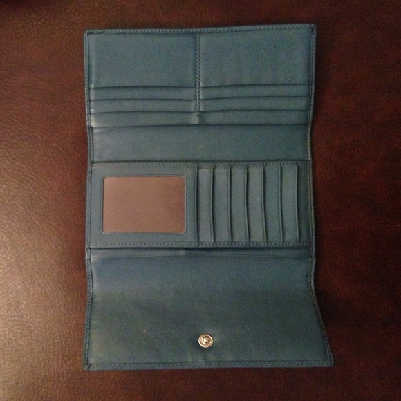 Tri-fold brown and teal Coach logo wallet - Picture 2 of 4