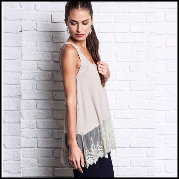 Tops - Taupe Ribbed Tank With Lace Trim