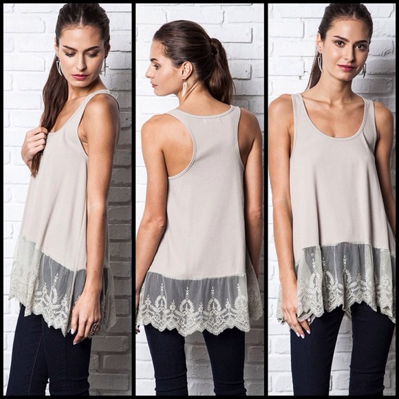 Taupe Ribbed Tank With Lace Trim - Picture 3 of 4