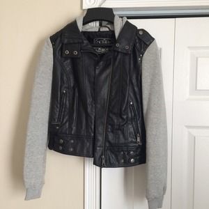 Leather/grey hooded jacket