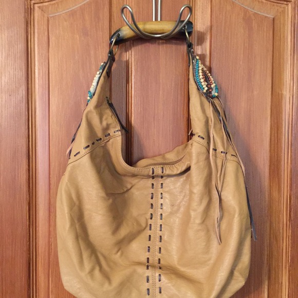 Cute handbag with beading and wooden handle