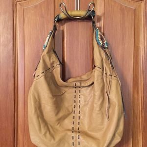 Cute handbag with beading and wooden handle