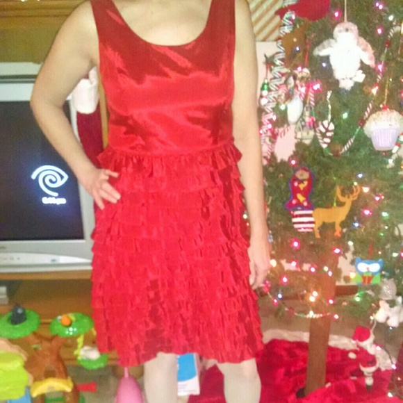 Red ruffled event dress.