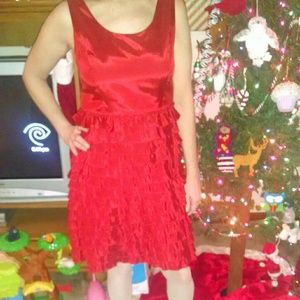 Red ruffled event dress.