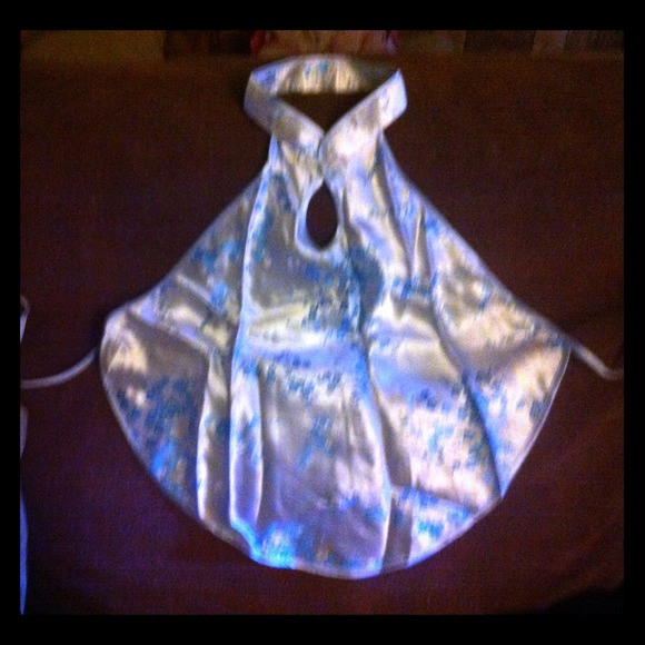 Satin blue open back top w/ floral oriental neck