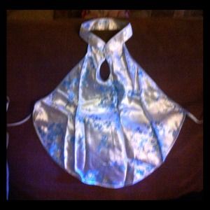 Satin blue open back top w/ floral oriental neck