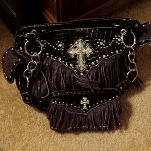 Purple and black cross bling purse and wallet