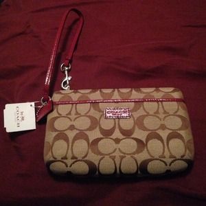 Coach khaki and crimson wristlet!