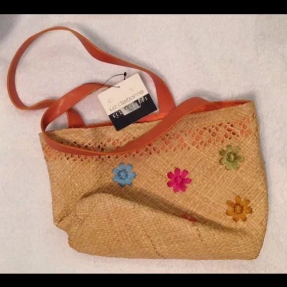 NWT Liz Claiborne straw tote embroidered flowers - Picture 3 of 4