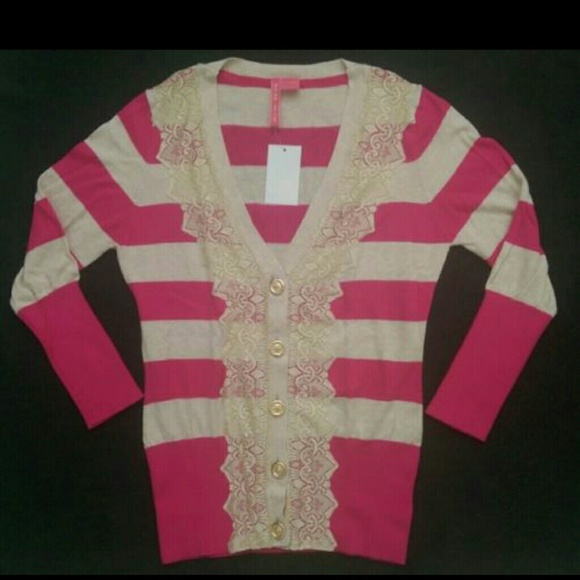 Charlotte Pink/Beige Stripe Lace Cardigan Medium