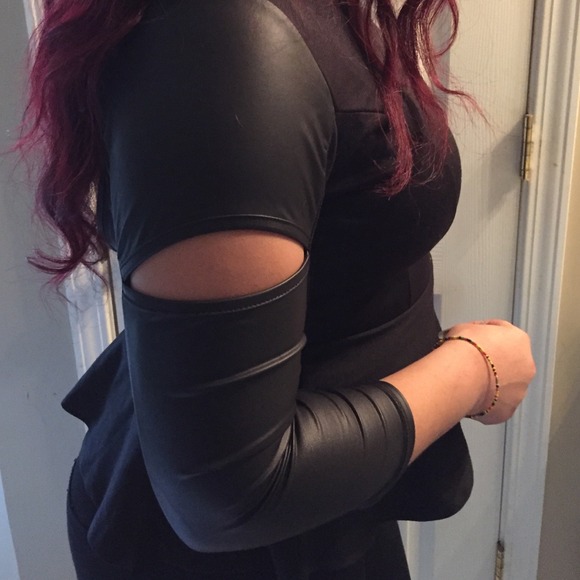 Peplum top with faux leather 3/4 sleeves