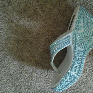 Blue beaded wedge sandle shoe