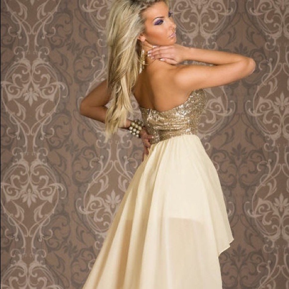 Gold Strapless Sequin Hi-Low Cocktail Dress - Picture 2 of 3
