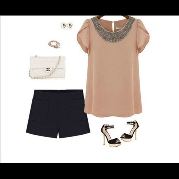 ❤️SOLD❤️Nude Chiffon Beaded Ruffle Shirt.