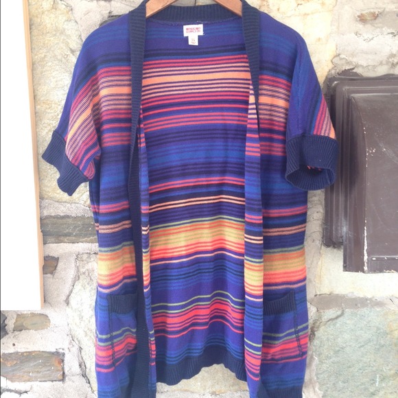 Blue and orange knit short sleeve cardigan