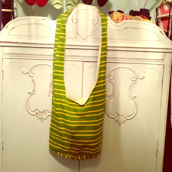 Green and yellow striped cotton tote