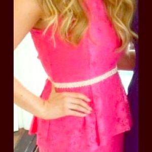 Hot pink lace peplum dress with pearl & crystals