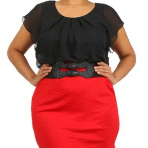 CHIFFON BELT BODYCON DRESS - RED - PLUS SIZE