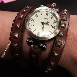 Red Faux Leather Studded Wrap Watch