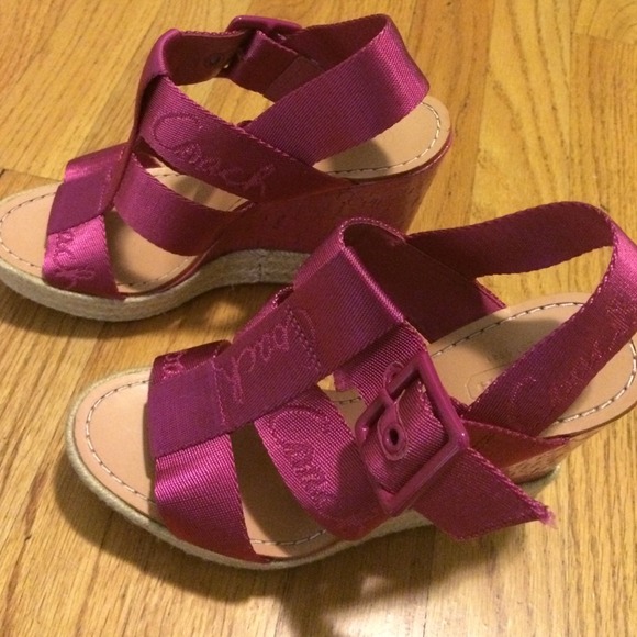 Magenta strappy Coach wedges