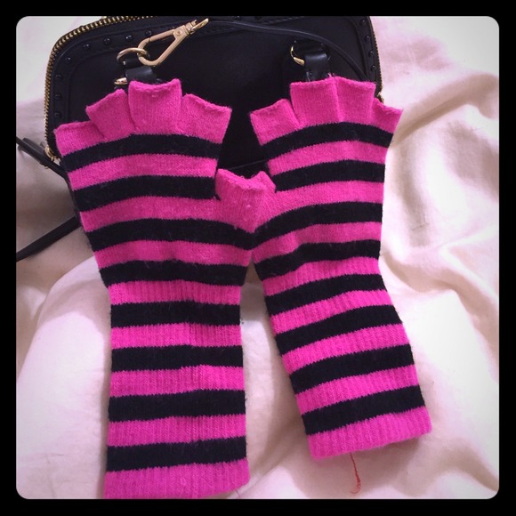 Pink and Black Striped Fingerless Gloves