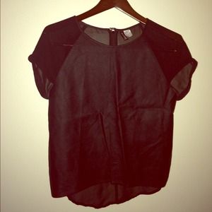Black high-low faux leather/mesh top