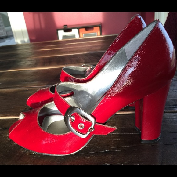Red patent peep toe block heels
