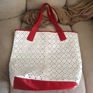 Red and white eyelet tote bag