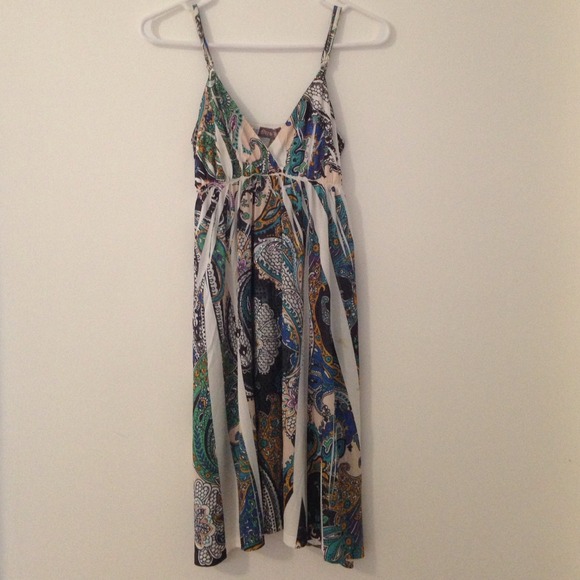 Ocean Blue Studded Jewel Gem Silk Flow Dress Med. - Picture 1 of 3