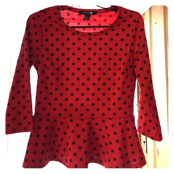 Forever 21 MEDIUM red w/ black dotted peplum shirt