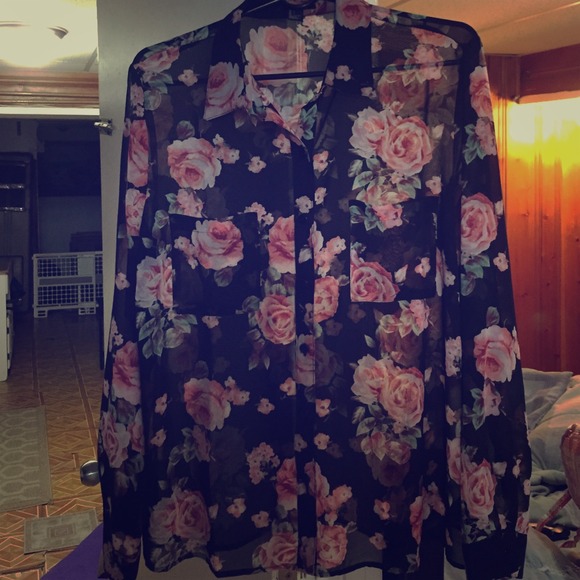 Black with pink rose designed chiffon blouse