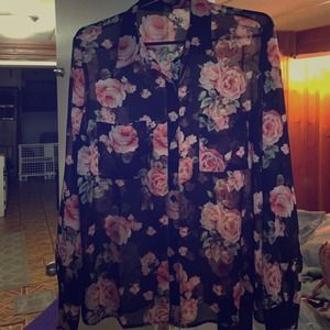 Black with pink rose designed chiffon blouse