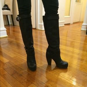 Black leather platform knee high boots