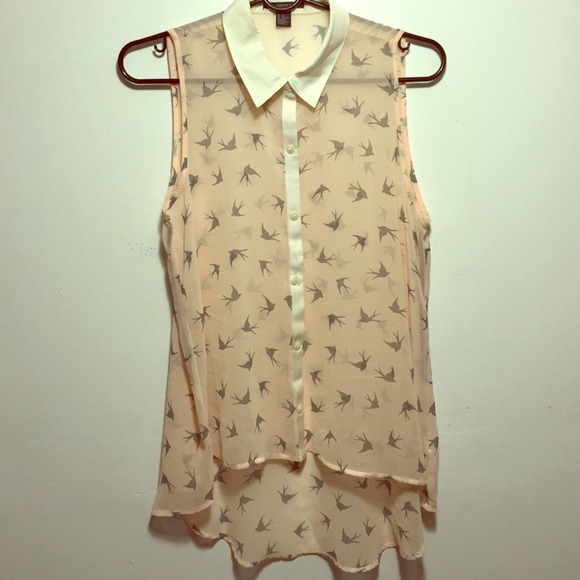 Pink chiffon blouse with grey bird designs