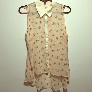 Pink chiffon blouse with grey bird designs
