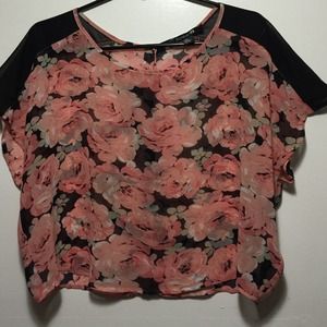 Forever 21 black w/roses chiffon crop top blouse