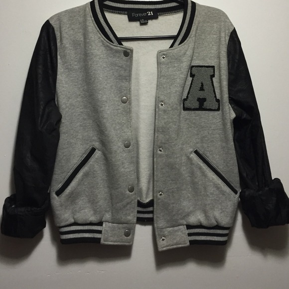 Black and grey leather varsity jacket
