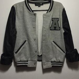 Black and grey leather varsity jacket