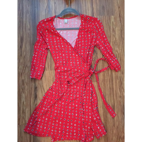 red print wrap dress